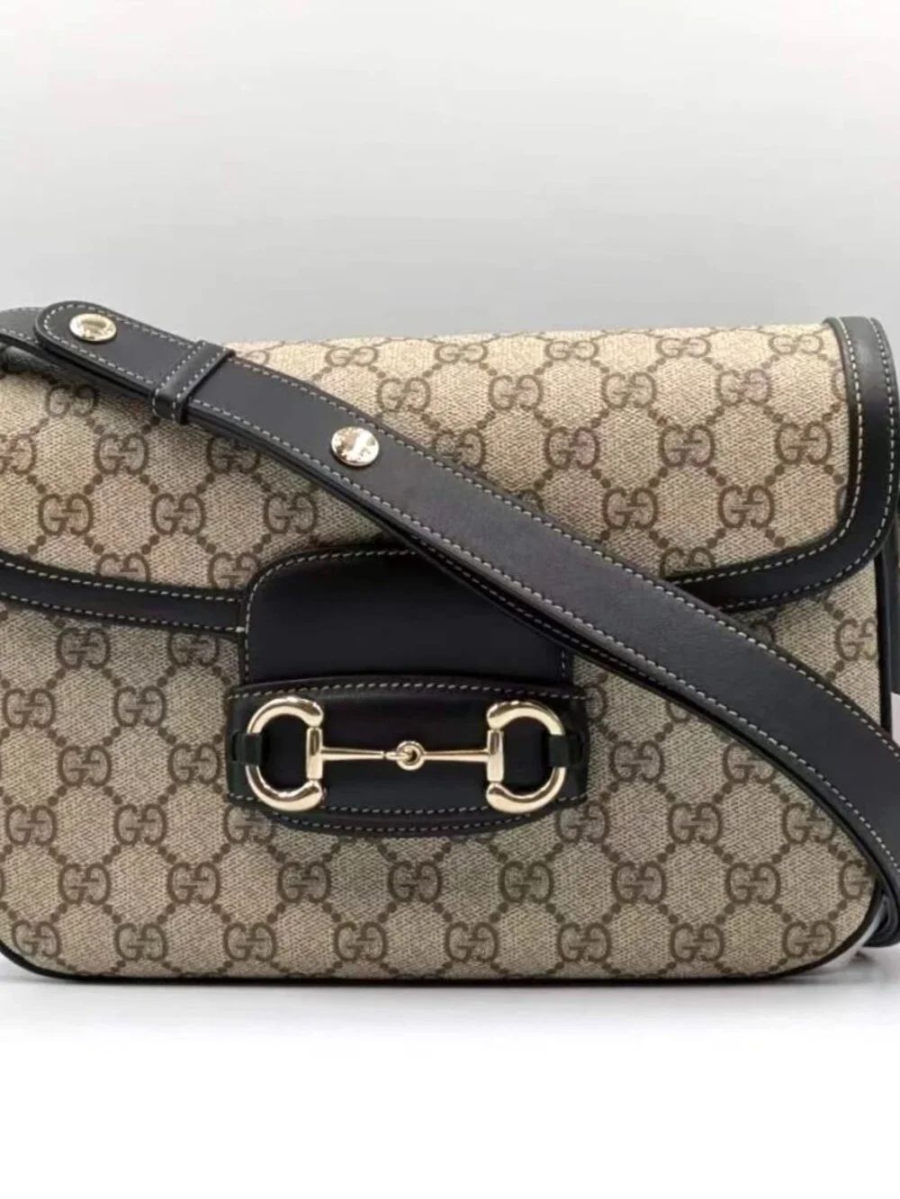 Gucci GG Supreme Monogram Canvas Horsebit 1955 Medium Flap Bag Beige Black Ebony - Picture 2 of 15